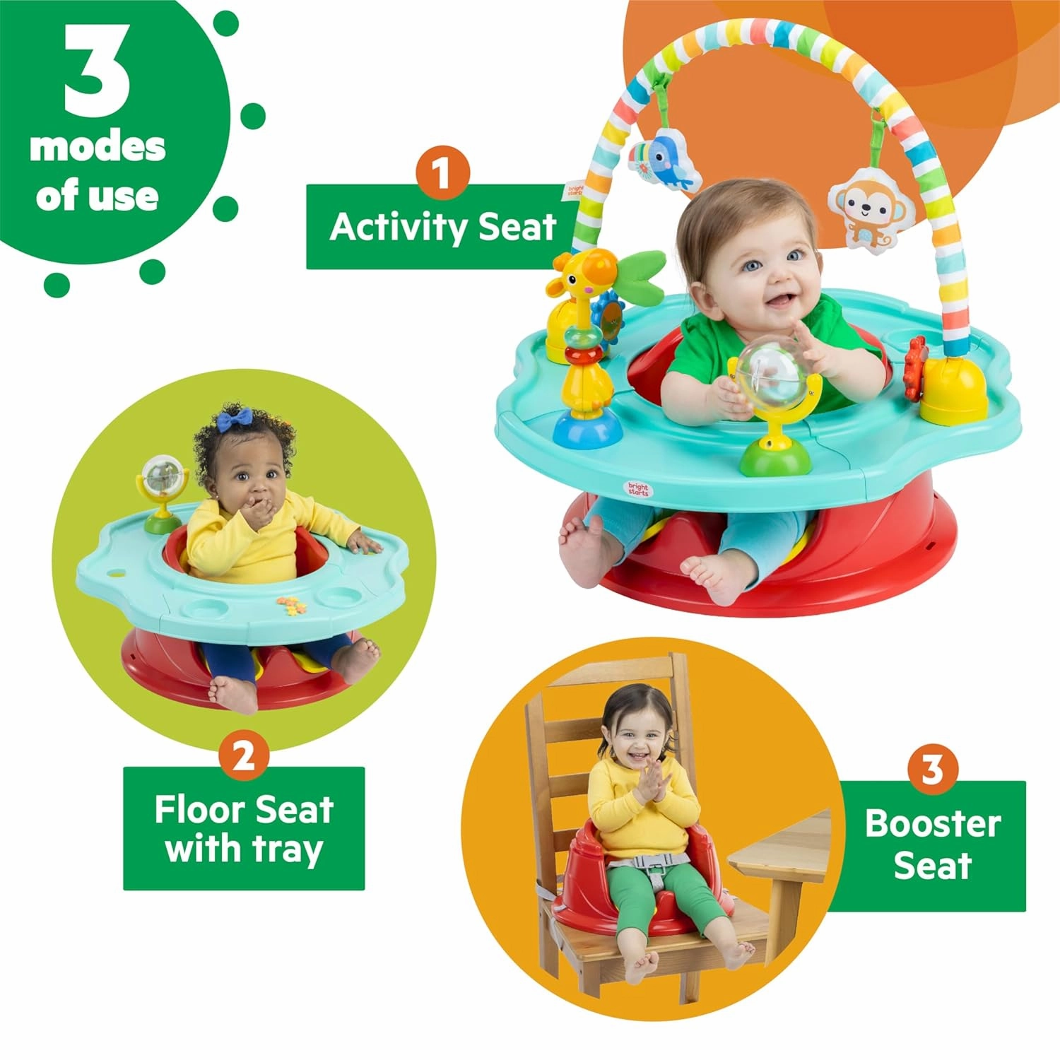 Bright Starts 3-in-1 SuperSeat Playful Paradise, Baby Activity Seat with Toys, Snacking Tray, Booster Seat, BPA Free Tray, Unisex, 6 Months  