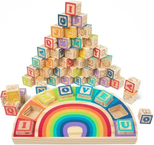 Building Blocks Set Wooden Blocks for Toddlers Rainbow ABC Letter Alphabet Stacking Blocks 26 Pcs Montessori Toys Educational Learning Toys for Kids Age 18 Months for Girls Boys