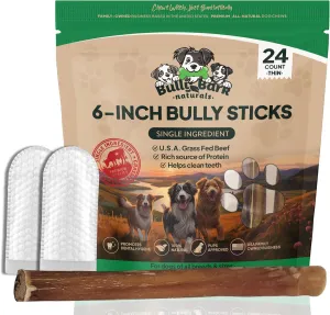 Bully Bark 6” Bully Sticks for Medium & Large Dogs – 100% Natural, Grass-Fed Beef Chews, 24 Count Thin, Dog Chew Sticks – Fully Digestible, Rawhide - Free Treats