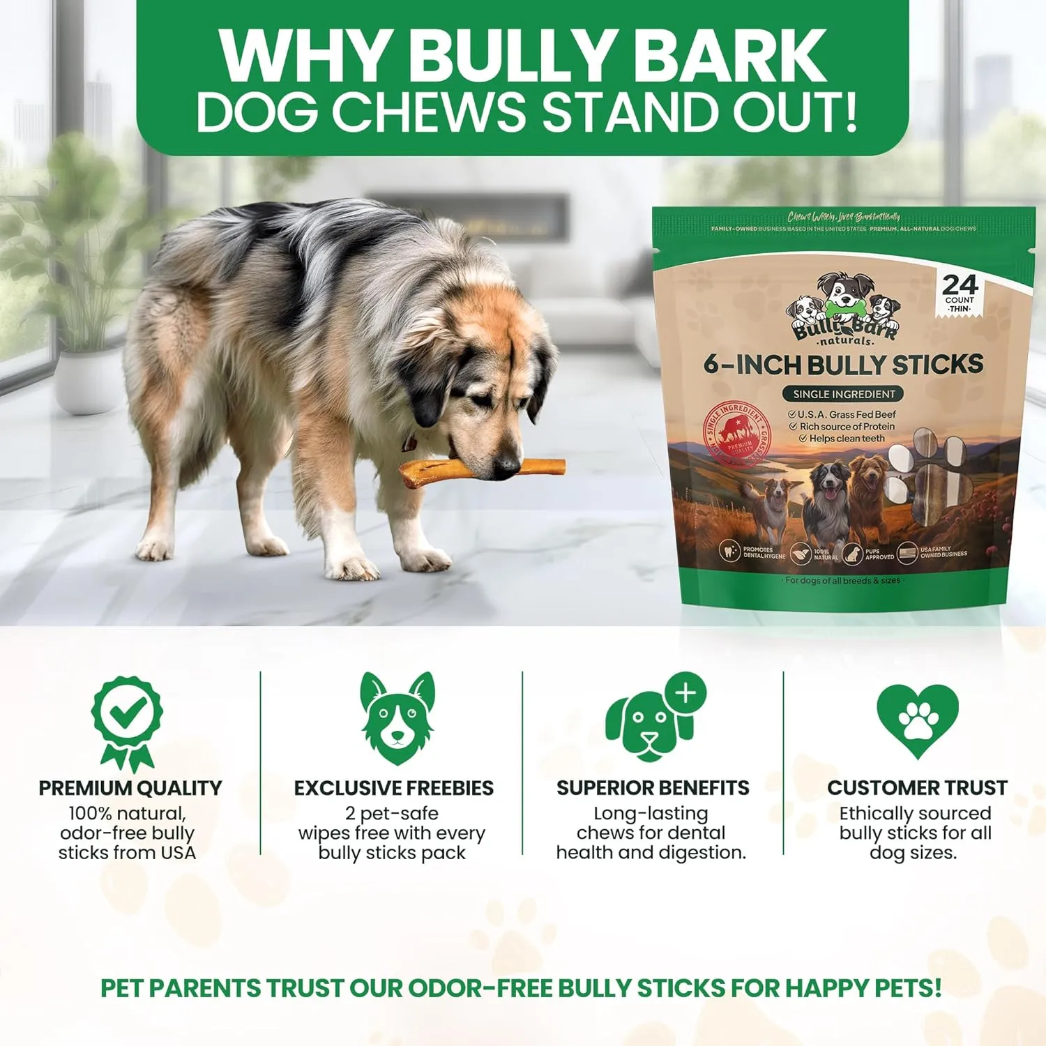 Bully Bark 6” Bully Sticks for Medium & Large Dogs – 100% Natural, Grass-Fed Beef Chews, 24 Count Thin, Dog Chew Sticks – Fully Digestible, Rawhide - Free Treats