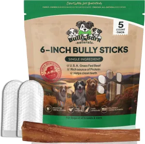 Bully Bark 6” Bully Sticks for Medium & Large Dogs – 100% Natural, Grass-Fed Beef Chews, 5 Count Thick, Dog Chew Sticks – Fully Digestible, Rawhide - Free Treats