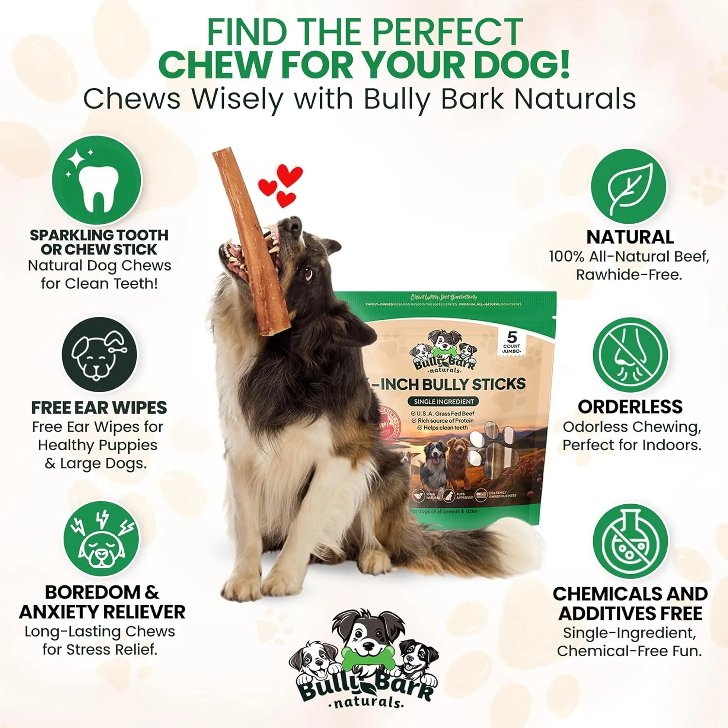 Bully Bark 6” Bully Sticks for Medium & Large Dogs – 100% Natural, Grass-Fed Beef Chews, 5 Count Thick, Dog Chew Sticks – Fully Digestible, Rawhide - Free Treats