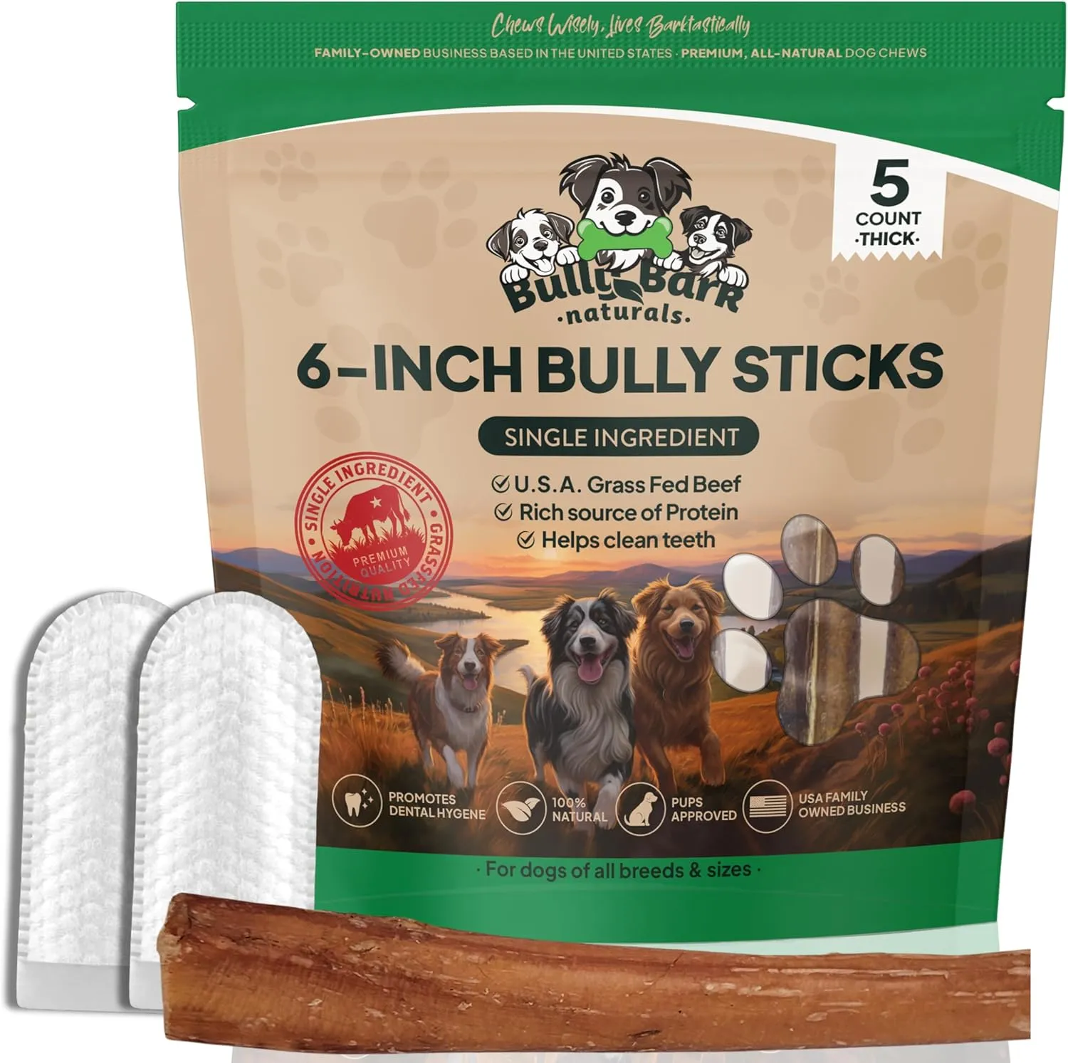Bully Bark 6” Bully Sticks for Medium & Large Dogs – 100% Natural, Grass-Fed Beef Chews, 5 Count Thick, Dog Chew Sticks – Fully Digestible, Rawhide - Free Treats