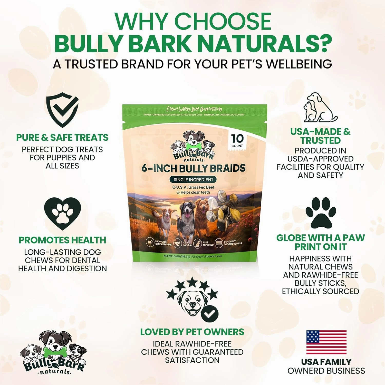 Bully Bark 6” Bully Braid for Small & Medium Dogs – 100% Natural, Grass-Fed Beef Chews, 10 Count Standard, Dog Chew Sticks – Fully Digestible, Rawhide - Free Treats