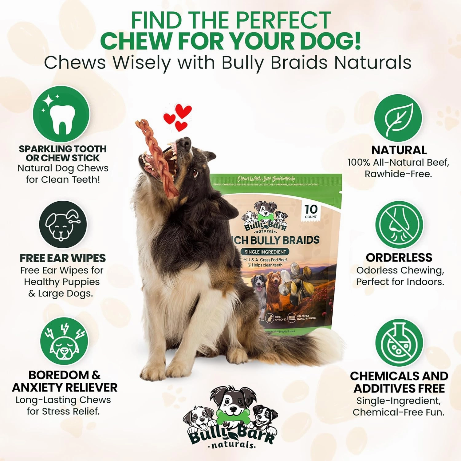 Bully Bark 6” Bully Braid for Small & Medium Dogs – 100% Natural, Grass-Fed Beef Chews, 10 Count Standard, Dog Chew Sticks – Fully Digestible, Rawhide - Free Treats