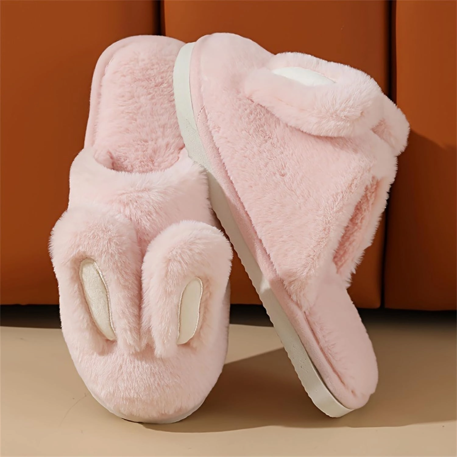 bunny ear flat bottom warm and non slip slippers Men and women's home plush cotton slippers