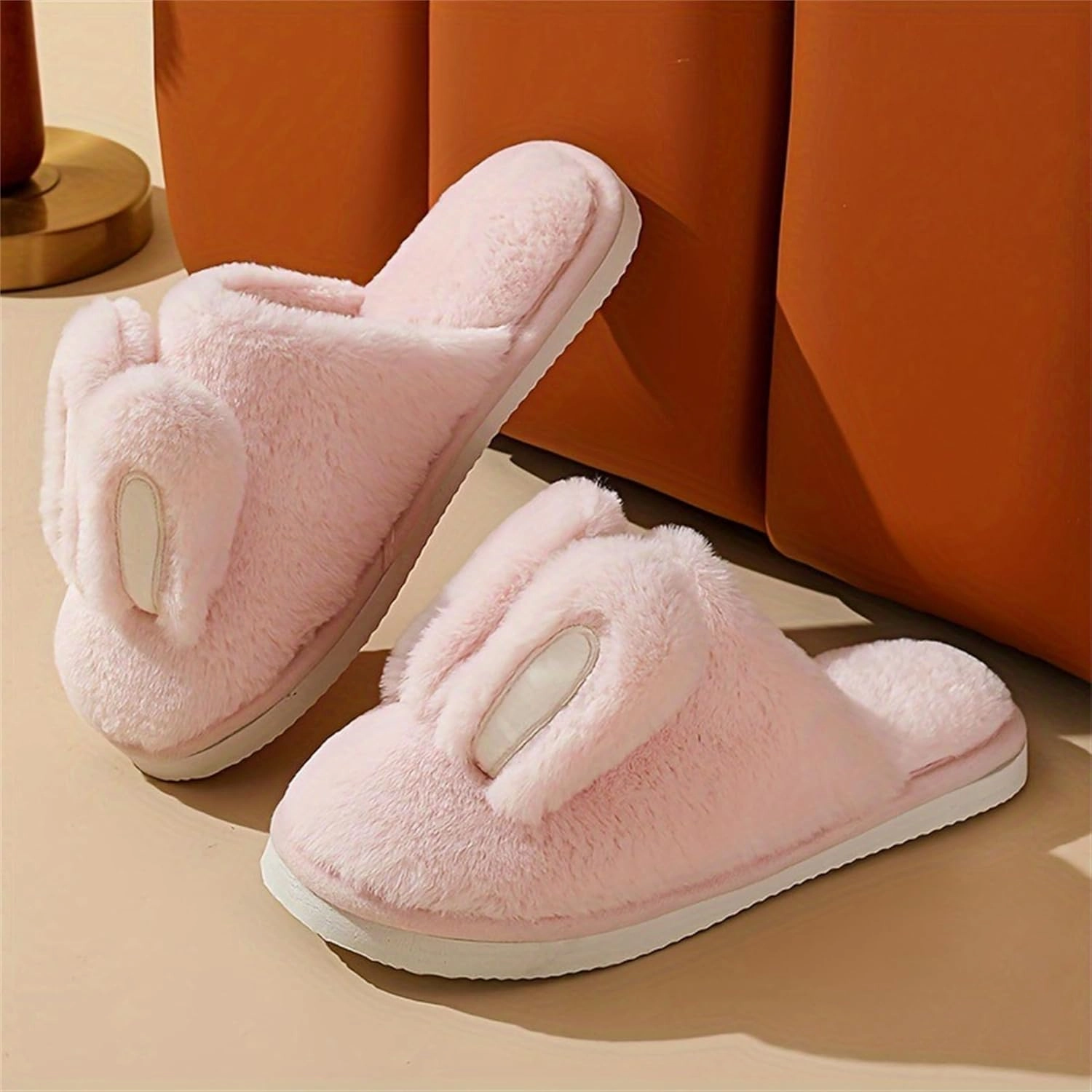 bunny ear flat bottom warm and non slip slippers Men and women's home plush cotton slippers