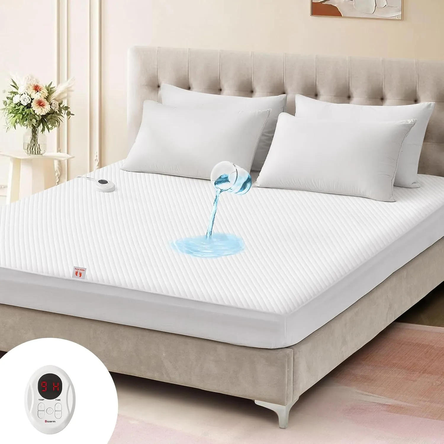 Bwarm Waterproof Heated Mattress Pad, ETL Certified Bed Warmer with 9 Heat Settings, 1-12 Hours Auto Off Deep Pocket, Machine Washable, White Twin