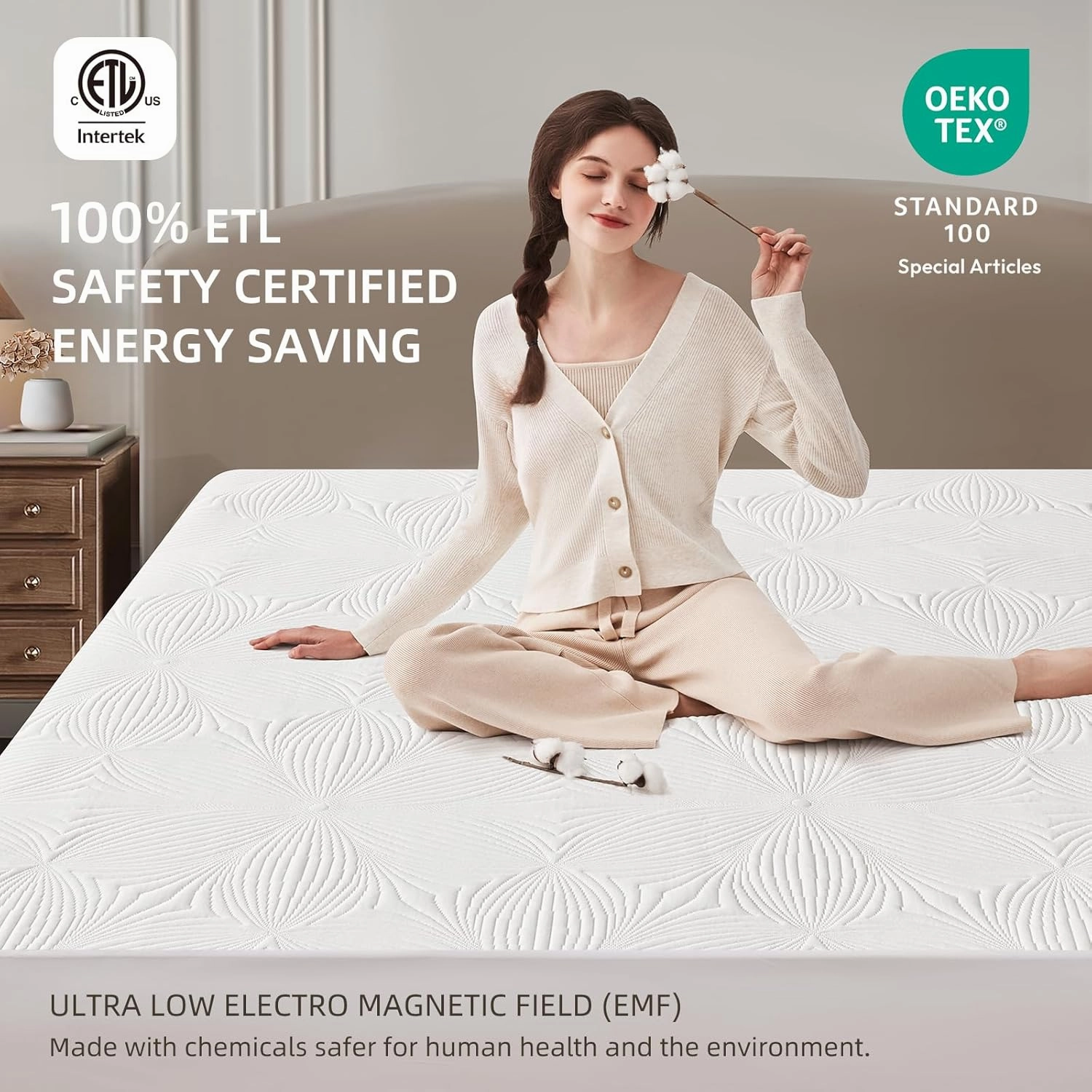 Bwarm Heated Mattress Pad ETL Certified Flower Bed Warmer with 9 Heat Settings, 1-12 Hours Auto Off Deep Pocket, Machine Washable, White (King)