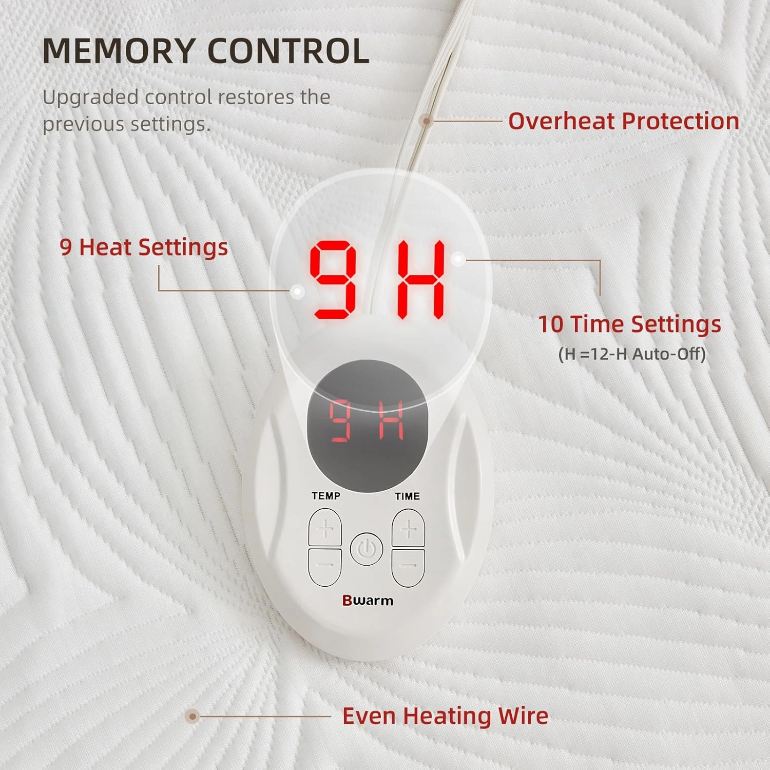 Bwarm Heated Mattress Pad ETL Certified Flower Bed Warmer with 9 Heat Settings, 1-12 Hours Auto Off Deep Pocket, Machine Washable, White (King)