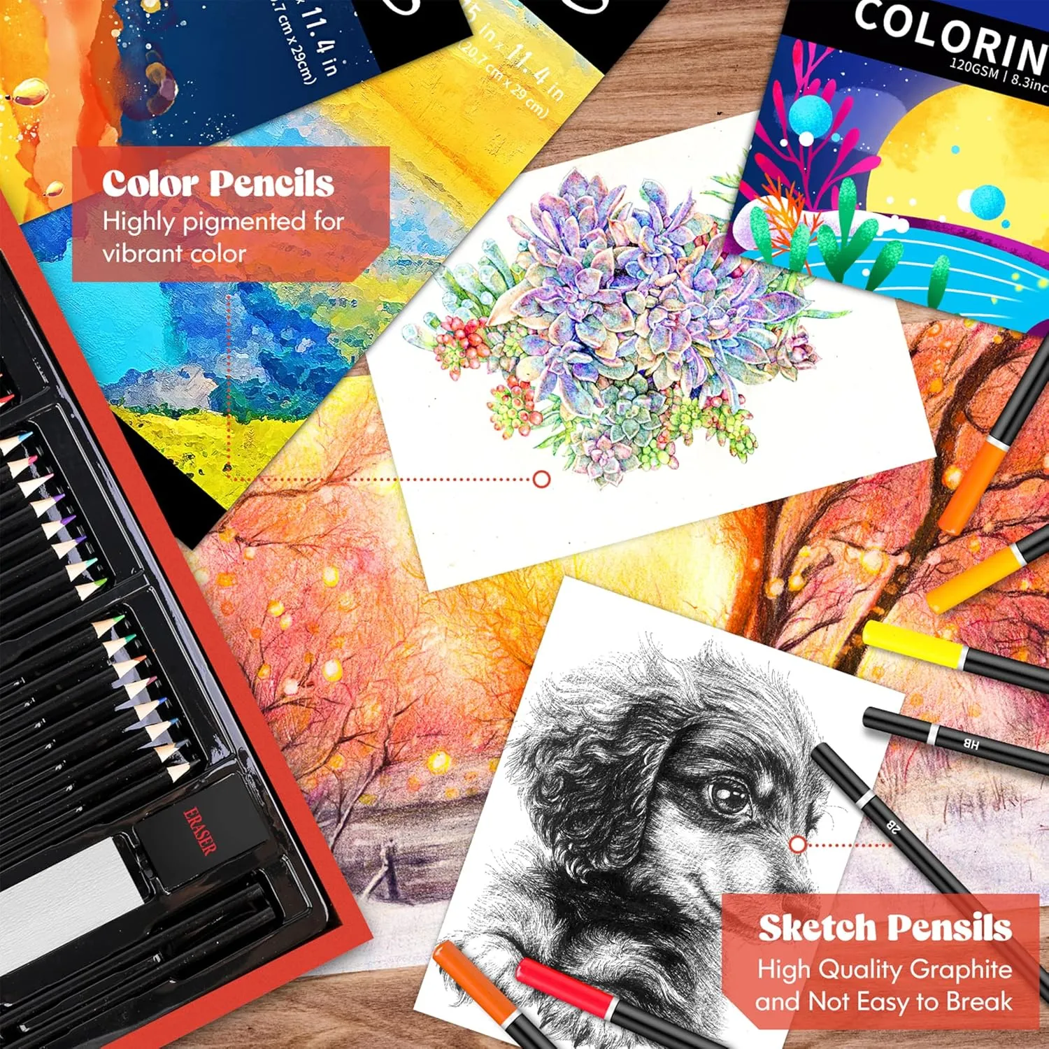 Caliart Art Supplies, 153-Pack Deluxe Wooden Art Set Crafts Drawing Painting Coloring Supplies Kit with 2 A4 Sketch Pads, Halloween Creative Gift Box for Adults Artist Beginners Kids Girls Boys