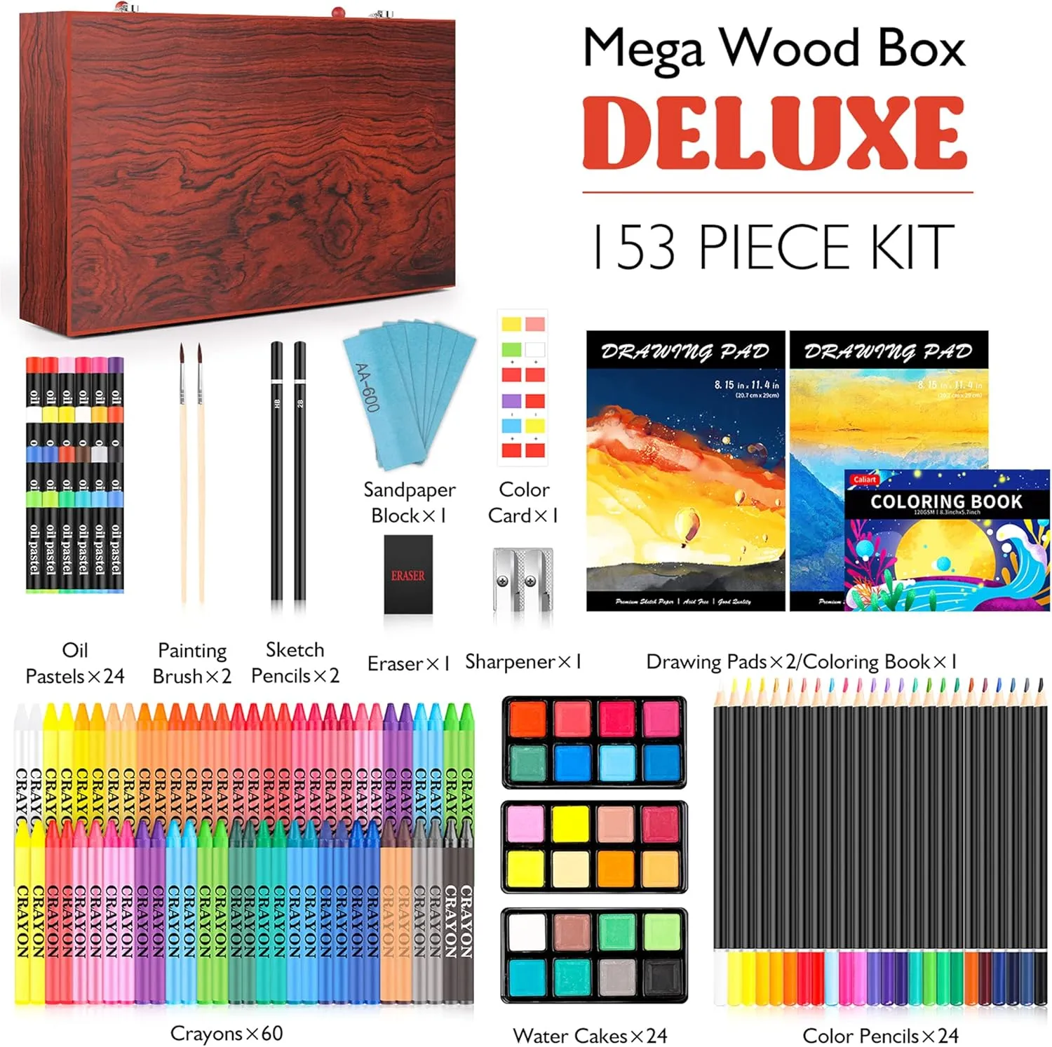 Caliart Art Supplies, 153-Pack Deluxe Wooden Art Set Crafts Drawing Painting Coloring Supplies Kit with 2 A4 Sketch Pads, Halloween Creative Gift Box for Adults Artist Beginners Kids Girls Boys