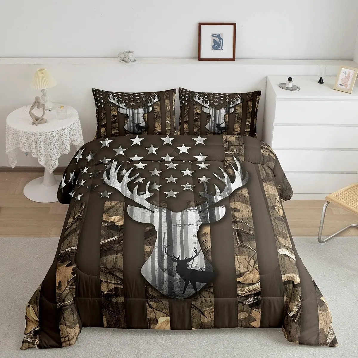 Camo American Flag Twin Comforter Set Boys,Deer Antlers Brown Camouflage Quilt Set Flags for Room Teens,Wild Animal Hunting Rustic Farm Branches Leaves Plant Stars Stripes USA Flag Bedding Set