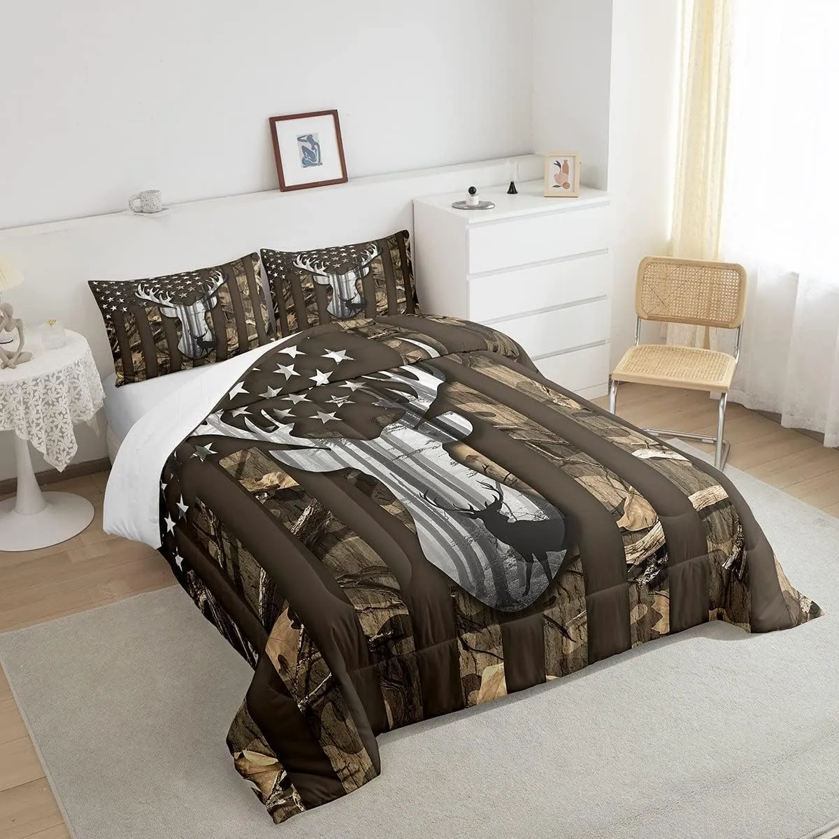 Camo American Flag Twin Comforter Set Boys,Deer Antlers Brown Camouflage Quilt Set Flags for Room Teens,Wild Animal Hunting Rustic Farm Branches Leaves Plant Stars Stripes USA Flag Bedding Set