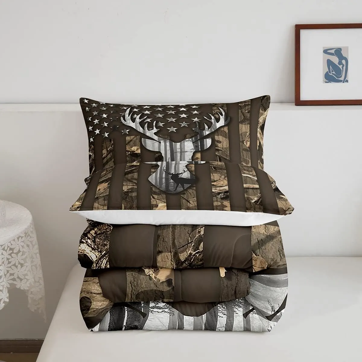 Camo American Flag Twin Comforter Set Boys,Deer Antlers Brown Camouflage Quilt Set Flags for Room Teens,Wild Animal Hunting Rustic Farm Branches Leaves Plant Stars Stripes USA Flag Bedding Set
