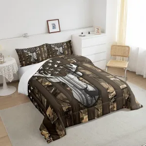 Camo American Flag Twin Comforter Set Boys,Deer Antlers Brown Camouflage Quilt Set Flags for Room Teens,Wild Animal Hunting Rustic Farm Branches Leaves Plant Stars Stripes USA Flag Bedding Set