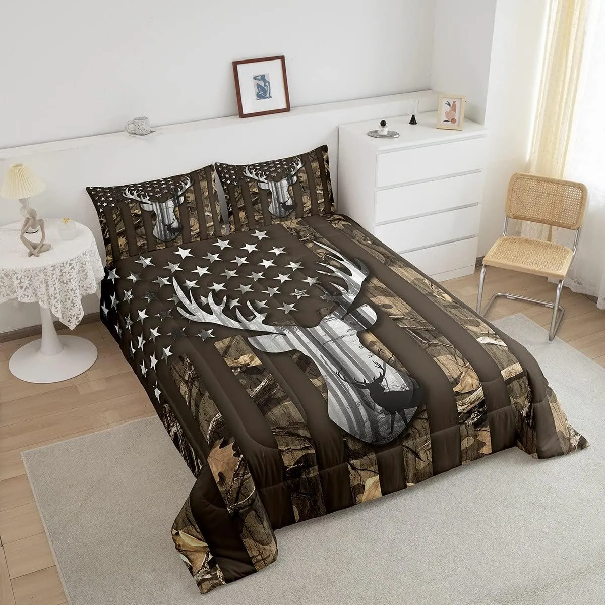 Camo American Flag Twin Comforter Set Boys,Deer Antlers Brown Camouflage Quilt Set Flags for Room Teens,Wild Animal Hunting Rustic Farm Branches Leaves Plant Stars Stripes USA Flag Bedding Set