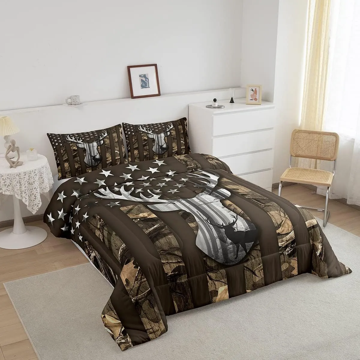 Camo American Flag Twin Comforter Set Boys,Deer Antlers Brown Camouflage Quilt Set Flags for Room Teens,Wild Animal Hunting Rustic Farm Branches Leaves Plant Stars Stripes USA Flag Bedding Set