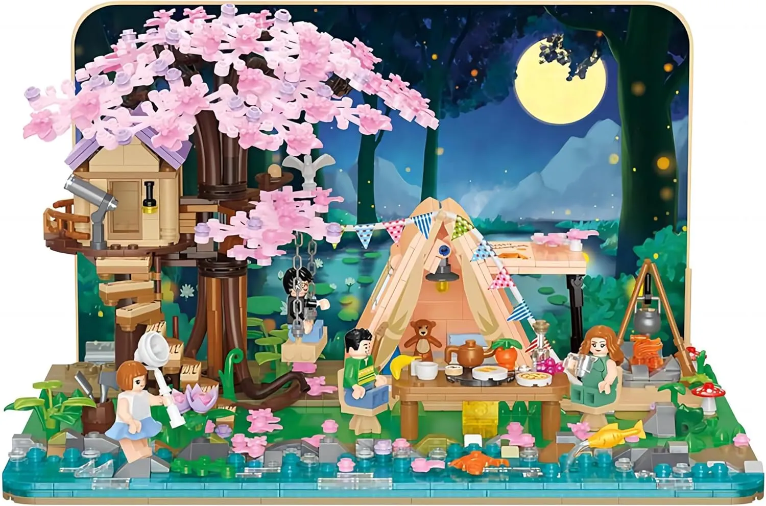 Camping Block Playset, 1265 Pieces with Original Scene Music, Gifts for Adults and Children. (Camping Tea Party 21169)