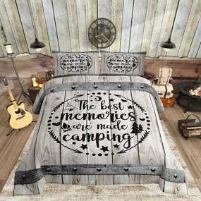 Camping Adventure Comforter Set Full Size,Camper RV Trailer Decor Bedding Set 3pcs for Kids Boys Girls Adults,Retro Wooden Plank Cottage Down Comforter,Rustic Farmhouse Duvet Insert,2 Pillowcases