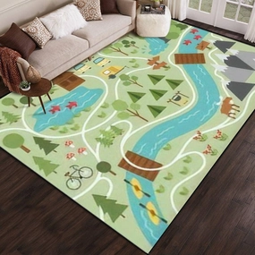 Camping map Summer Camp Nature Clip Art Infographic Elements Mountains Area Rug Outdoor Patio Rug Play Mat Modern Floor Carpet Non-Slip Home Decor Living Room Kids Bedroom Nursery, 6x9 ft