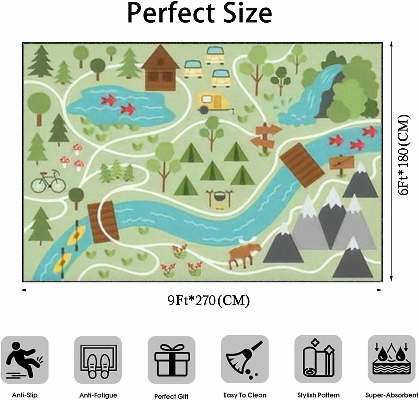 Camping map Summer Camp Nature Clip Art Infographic Elements Mountains Area Rug Outdoor Patio Rug Play Mat Modern Floor Carpet Non-Slip Home Decor Living Room Kids Bedroom Nursery, 6x9 ft