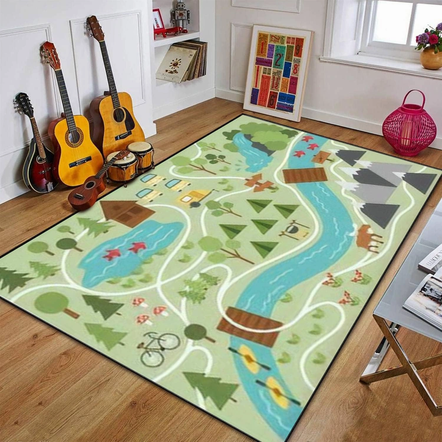 Camping map Summer Camp Nature Clip Art Infographic Elements Mountains Area Rug Outdoor Patio Rug Play Mat Modern Floor Carpet Non-Slip Home Decor Living Room Kids Bedroom Nursery, 6x9 ft