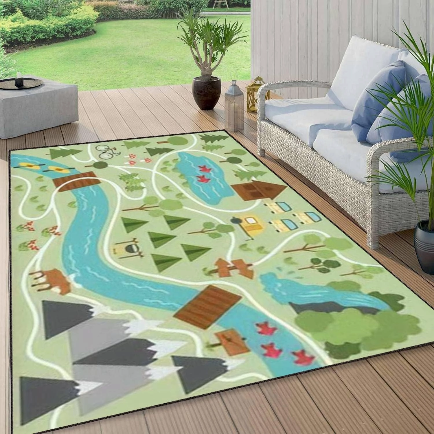 Camping map Summer Camp Nature Clip Art Infographic Elements Mountains Area Rug Outdoor Patio Rug Play Mat Modern Floor Carpet Non-Slip Home Decor Living Room Kids Bedroom Nursery, 6x9 ft