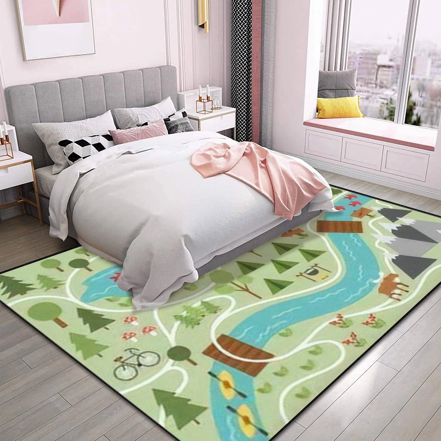Camping map Summer Camp Nature Clip Art Infographic Elements Mountains Area Rug Outdoor Patio Rug Play Mat Modern Floor Carpet Non-Slip Home Decor Living Room Kids Bedroom Nursery, 6x9 ft