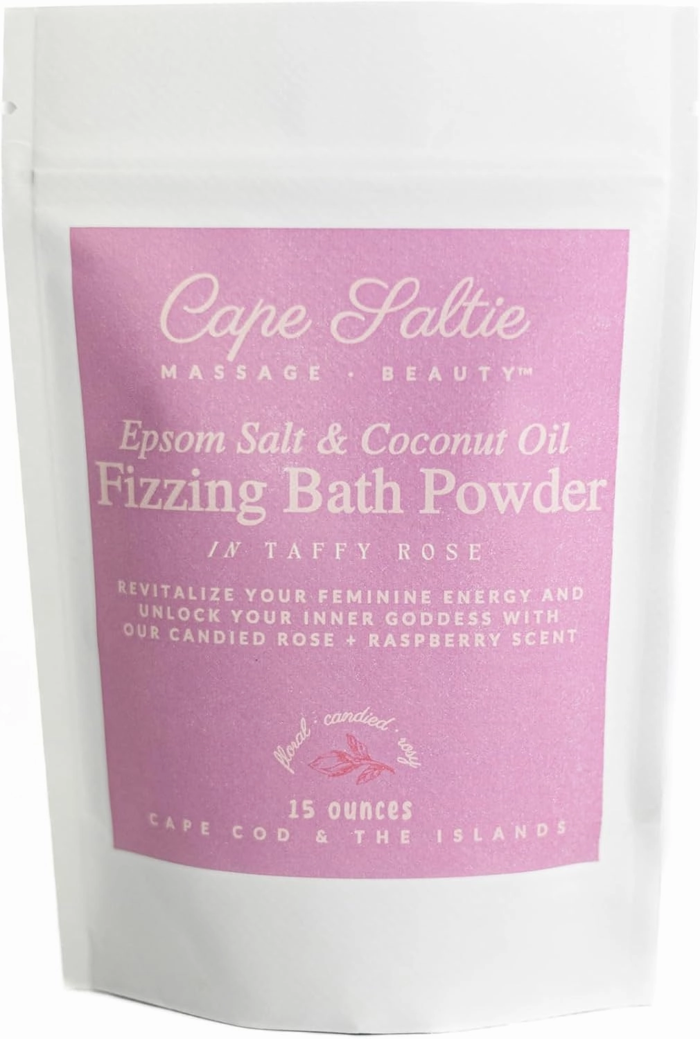 Cape Saltie · Massage Beauty Epsom Salt & Coconut Oil Fizzing Bath Powder in Taffy Rose (1 Bag, 15 oz, 3-5 Soak Experiences) | Soothe Muscles & Aches | Colorful, Aromatic Candy, Rose & Sweet Raspberry