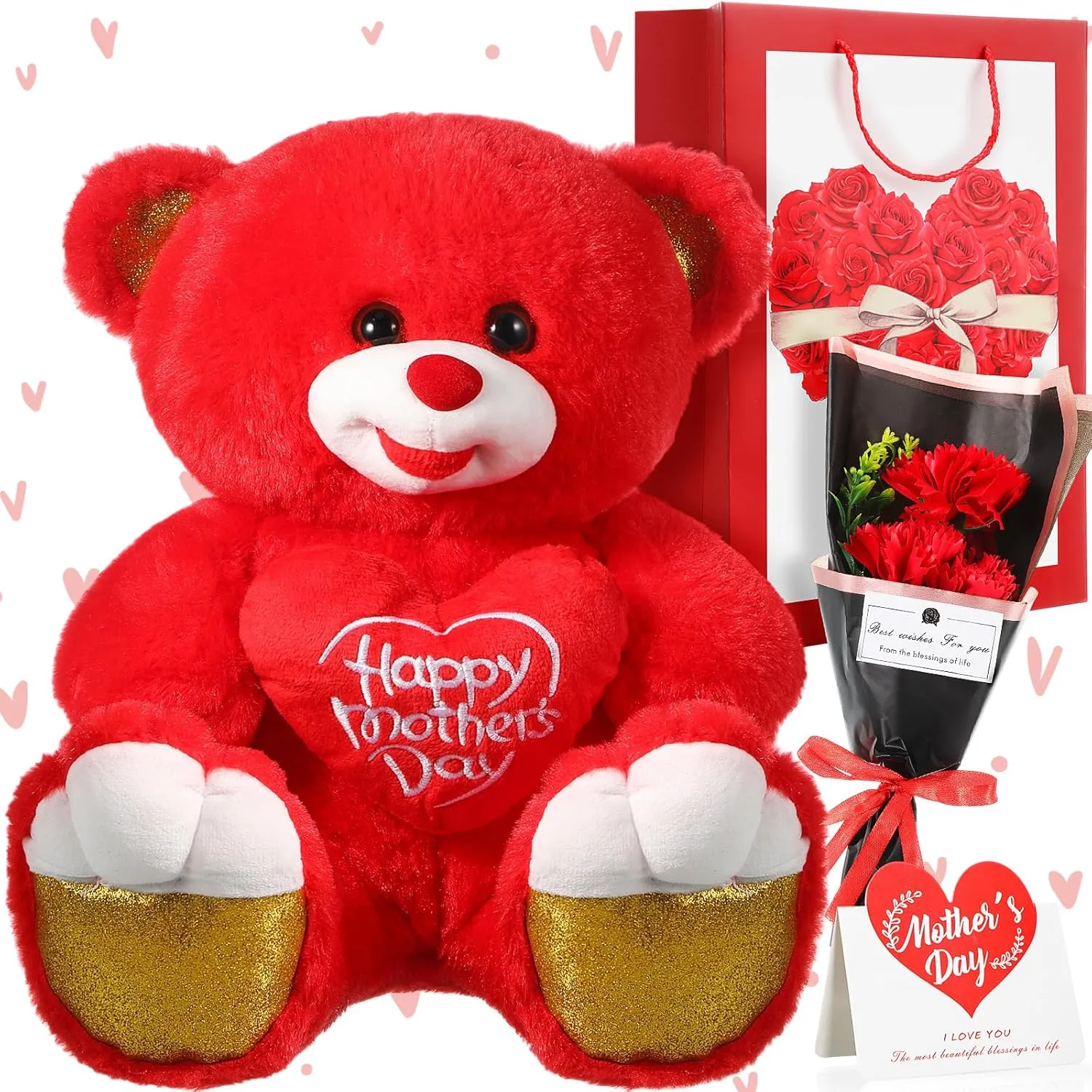 Capoda 4 Pcs Bear Gifts for Mothers Day 12 Inch Heart Bear Plush Artificial Carnation Rose Bag and Greeting Card for Mom Birthday Gifts Basket Set