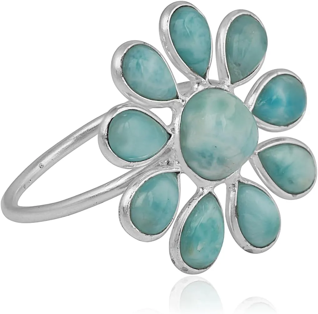 Caribbean Serenity Larimar 925 Sterling Silver Flower Chunky Ring