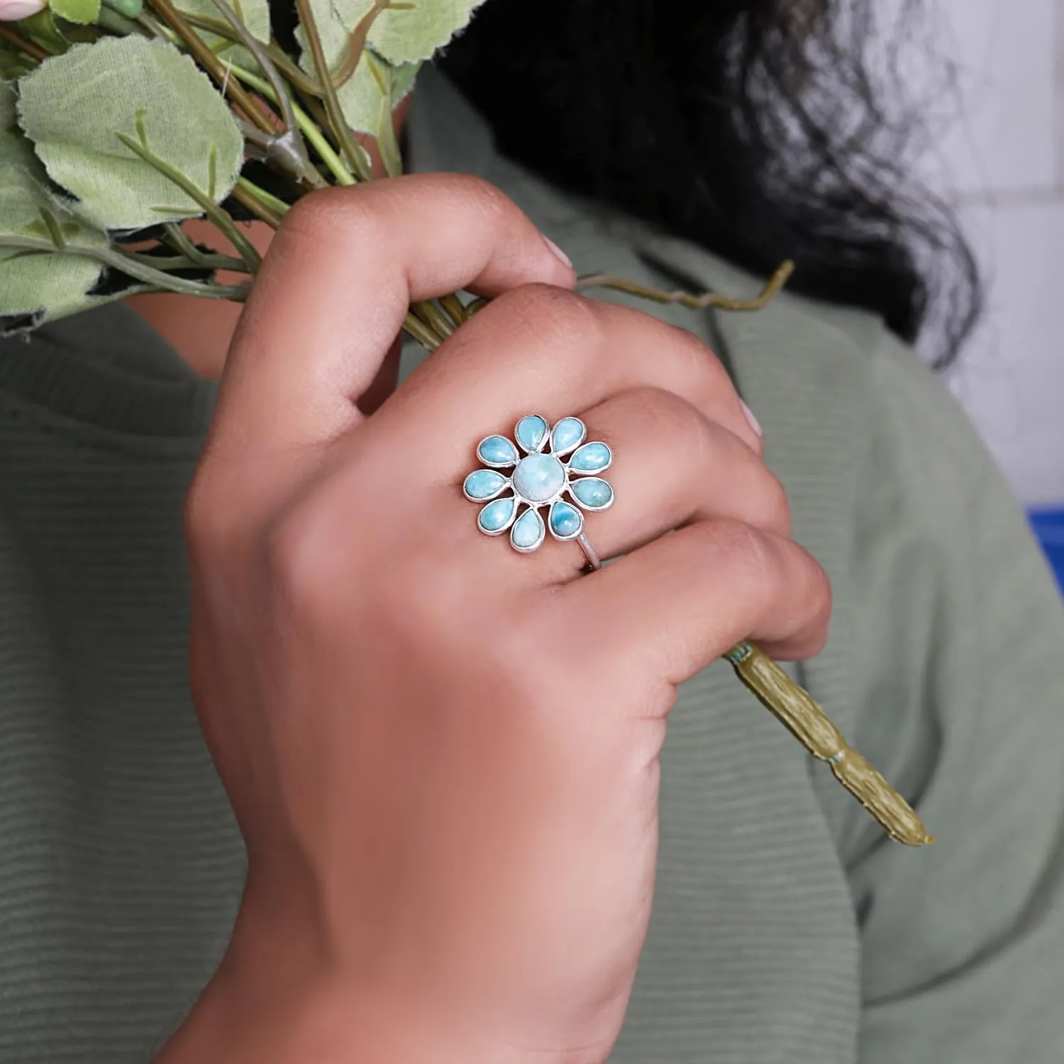 Caribbean Serenity Larimar 925 Sterling Silver Flower Chunky Ring