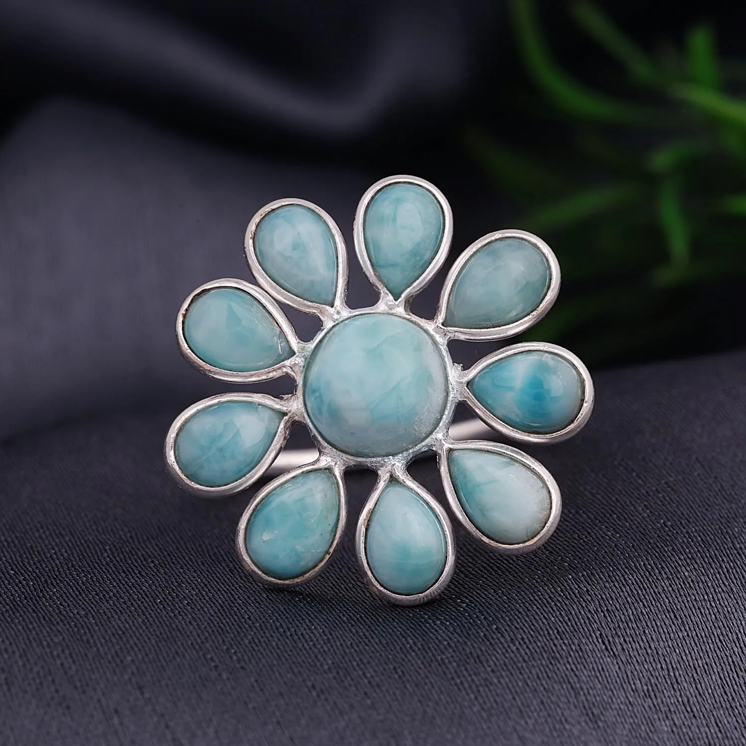 Caribbean Serenity Larimar 925 Sterling Silver Flower Chunky Ring
