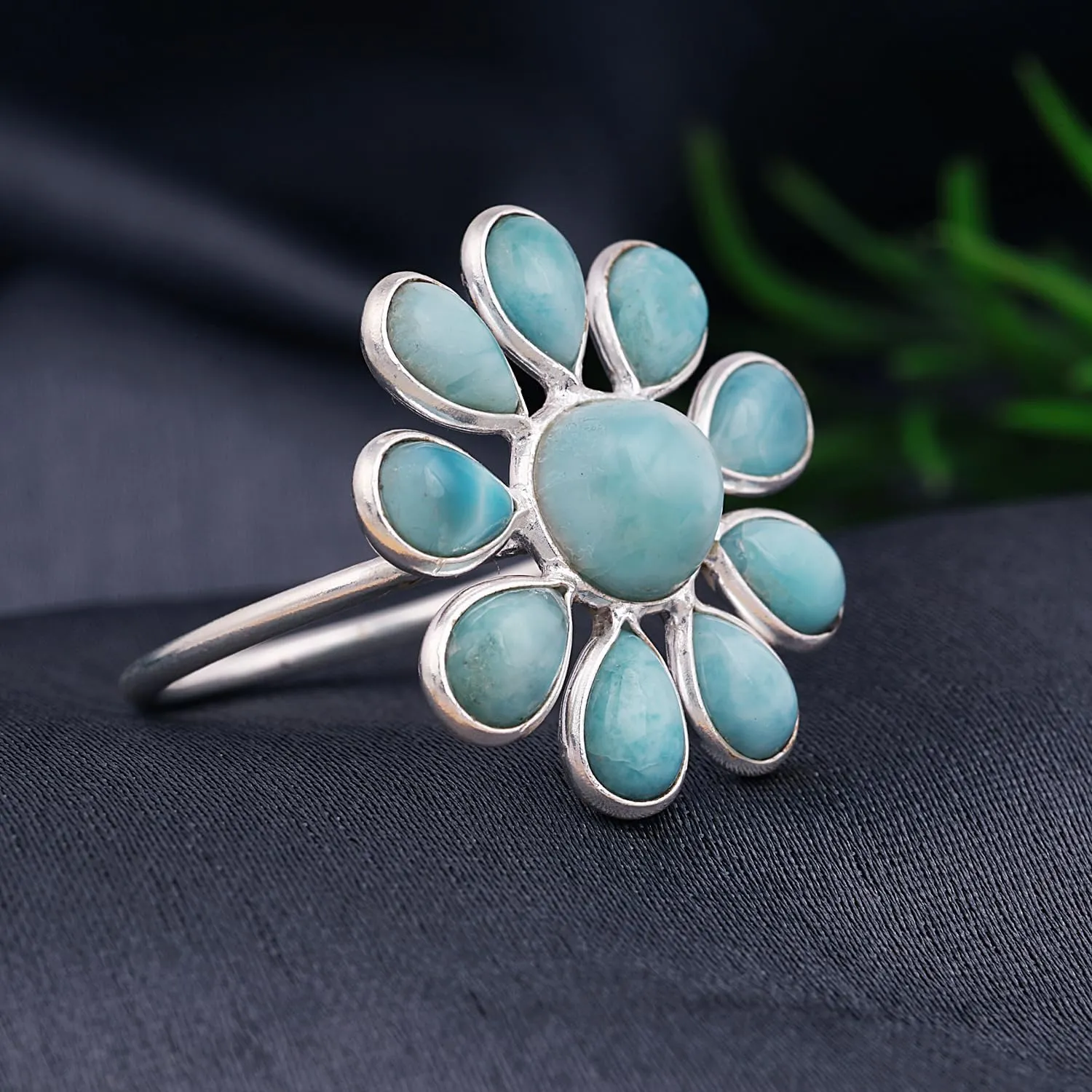 Caribbean Serenity Larimar 925 Sterling Silver Flower Chunky Ring