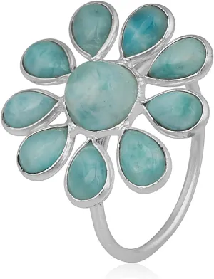 Caribbean Serenity Larimar 925 Sterling Silver Flower Chunky Ring