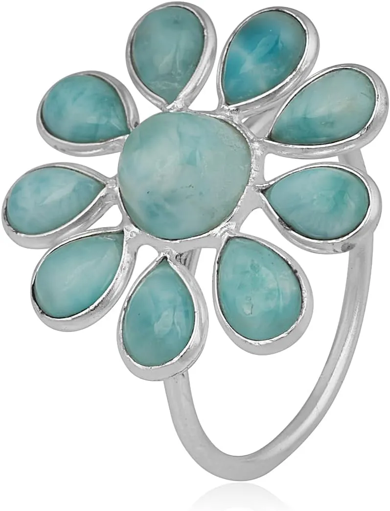 Caribbean Serenity Larimar 925 Sterling Silver Flower Chunky Ring