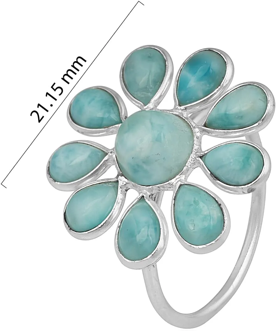 Caribbean Serenity Larimar 925 Sterling Silver Flower Chunky Ring