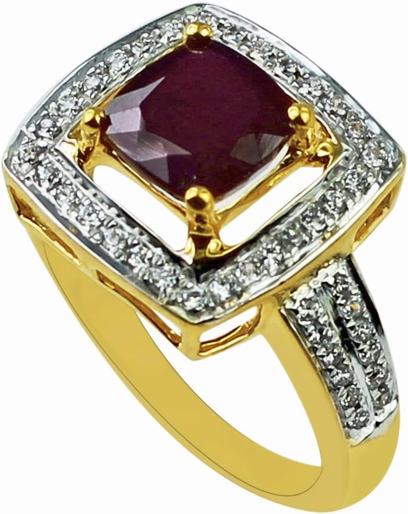 Carillon Stunning Ruby Gf Cushion Shape 7MM Natural Earth Mined Gemstone 925 Sterling Silver Ring Wedding Jewelry (Yellow Gold Plated) for Women & Men