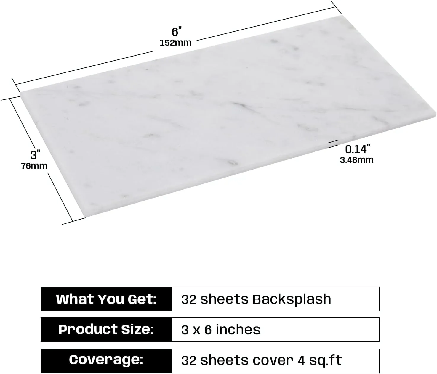 Carrara Marble Subway Tile, 100% Natural Marble, 3" x 6" Peel and Stick Self Adhesive Backsplash Tile for Kitchen and Bathroom, 32 Sheets