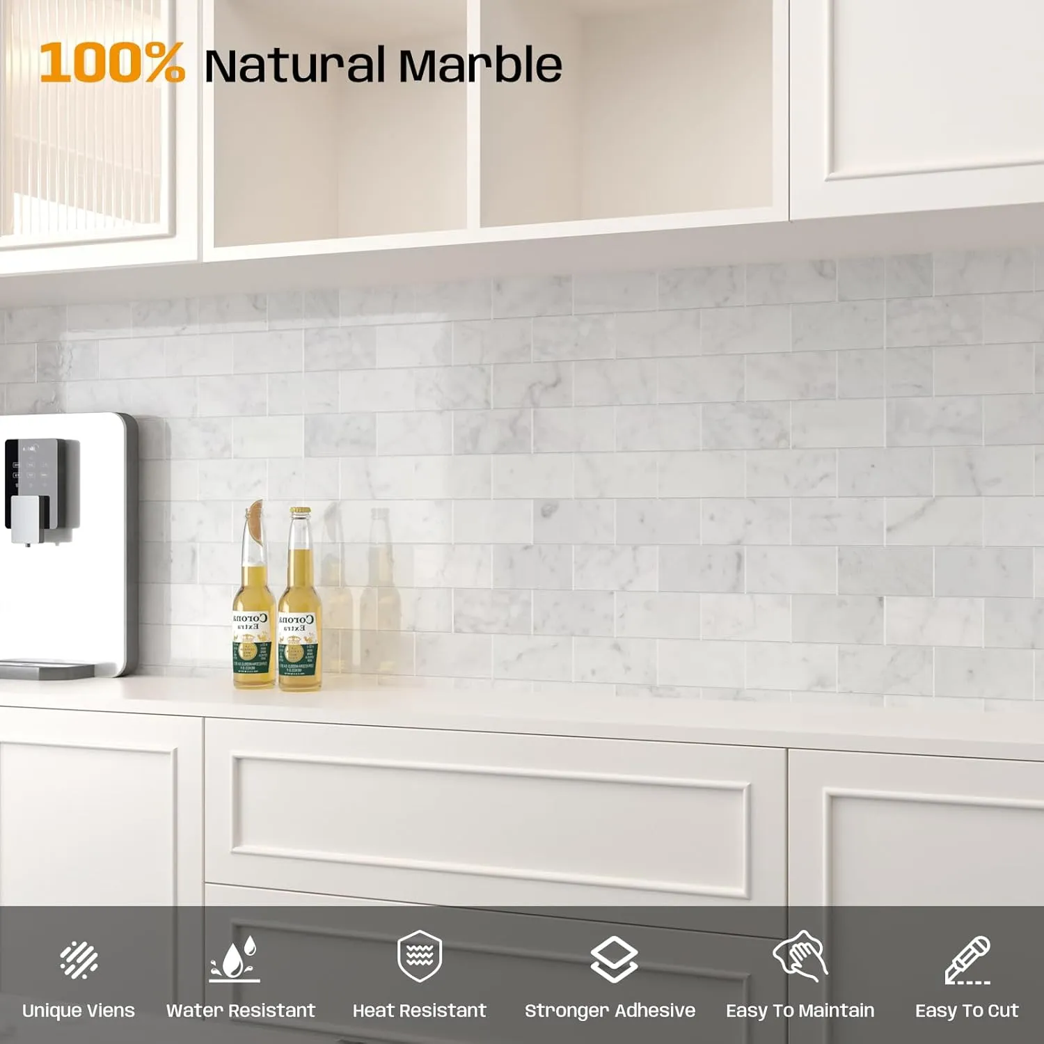 Carrara Marble Subway Tile, 100% Natural Marble, 3" x 6" Peel and Stick Self Adhesive Backsplash Tile for Kitchen and Bathroom, 32 Sheets