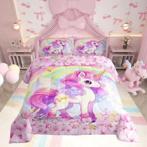 Cartoon Unicorn Kids Comforter Set King Size,Sakura Cherry Blossom Japanese Bedding Set,Girls Women Room Decor,Rainbow Unicorn Cute Down Comforter,Pink Purple Romantic Duvet Insert,2 Pillowcases