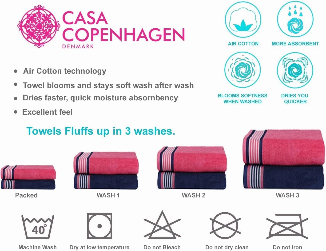 CASA COPENHAGEN He & She 6 Pieces Towel Set- Dutch Blue   Pink, 550 GSM 2 Bath Towel 2 Hand Towel 2 Washcloth, Designed in Denmark Made of Soft Egyptian Cotton for Bathroom, Kitchen & Shower