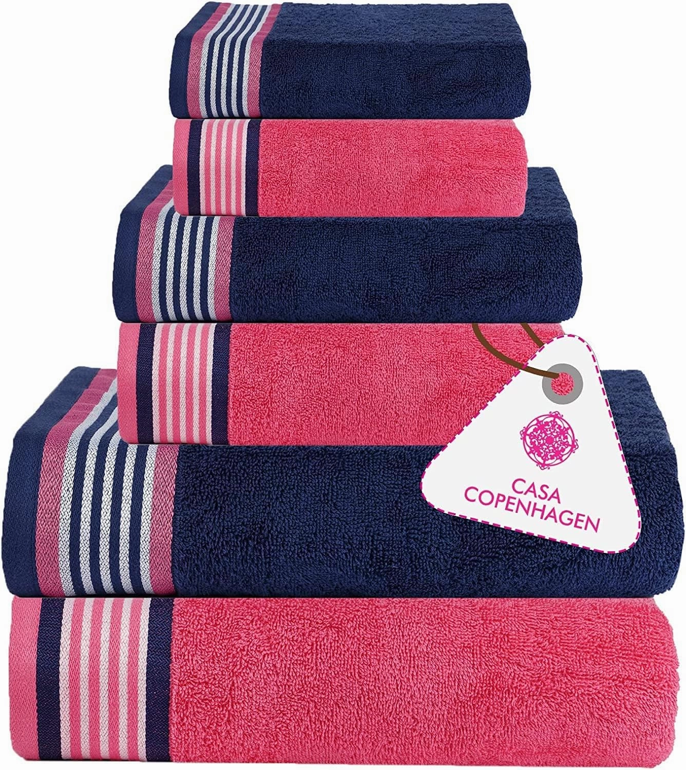 CASA COPENHAGEN He & She 6 Pieces Towel Set- Dutch Blue   Pink, 550 GSM 2 Bath Towel 2 Hand Towel 2 Washcloth, Designed in Denmark Made of Soft Egyptian Cotton for Bathroom, Kitchen & Shower