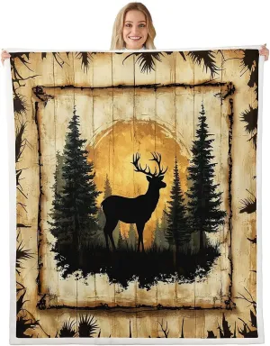 Castle Fairy Wild Deer Throw Blanket Throw 50x60 Watercolor Pine Trees Wild Animal Bed Blanket for Kids Teens Adults Vintage Wooden Stripes Jungle Cabin Fleece Blanket for Living Room Sofa