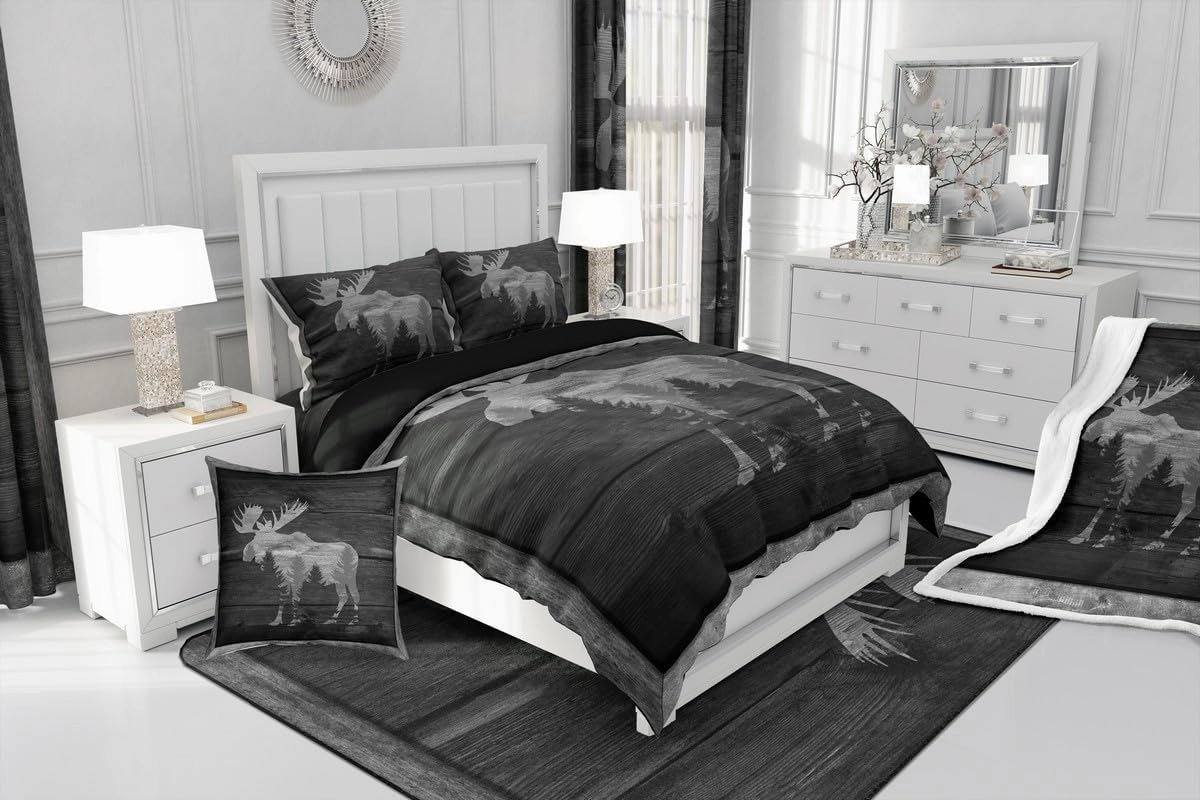 Castle Fairy Moose Cabin Comforter Set Wild Animal Jungle Pine Trees Silhouette Bedding Set for Kids Teens Adults Gray Wooden Stripes Grid Rustic Quilted Comforter with 2 Pillowcases Queen Size 3 Pcs
