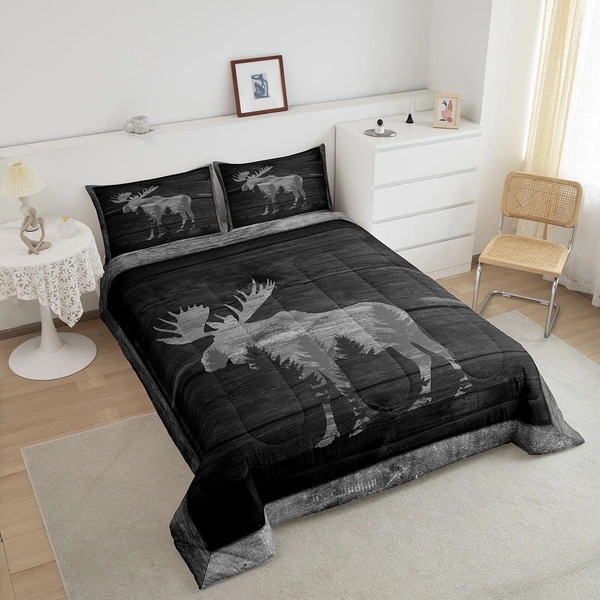 Castle Fairy Moose Cabin Comforter Set Wild Animal Jungle Pine Trees Silhouette Bedding Set for Kids Teens Adults Gray Wooden Stripes Grid Rustic Quilted Comforter with 2 Pillowcases Queen Size 3 Pcs