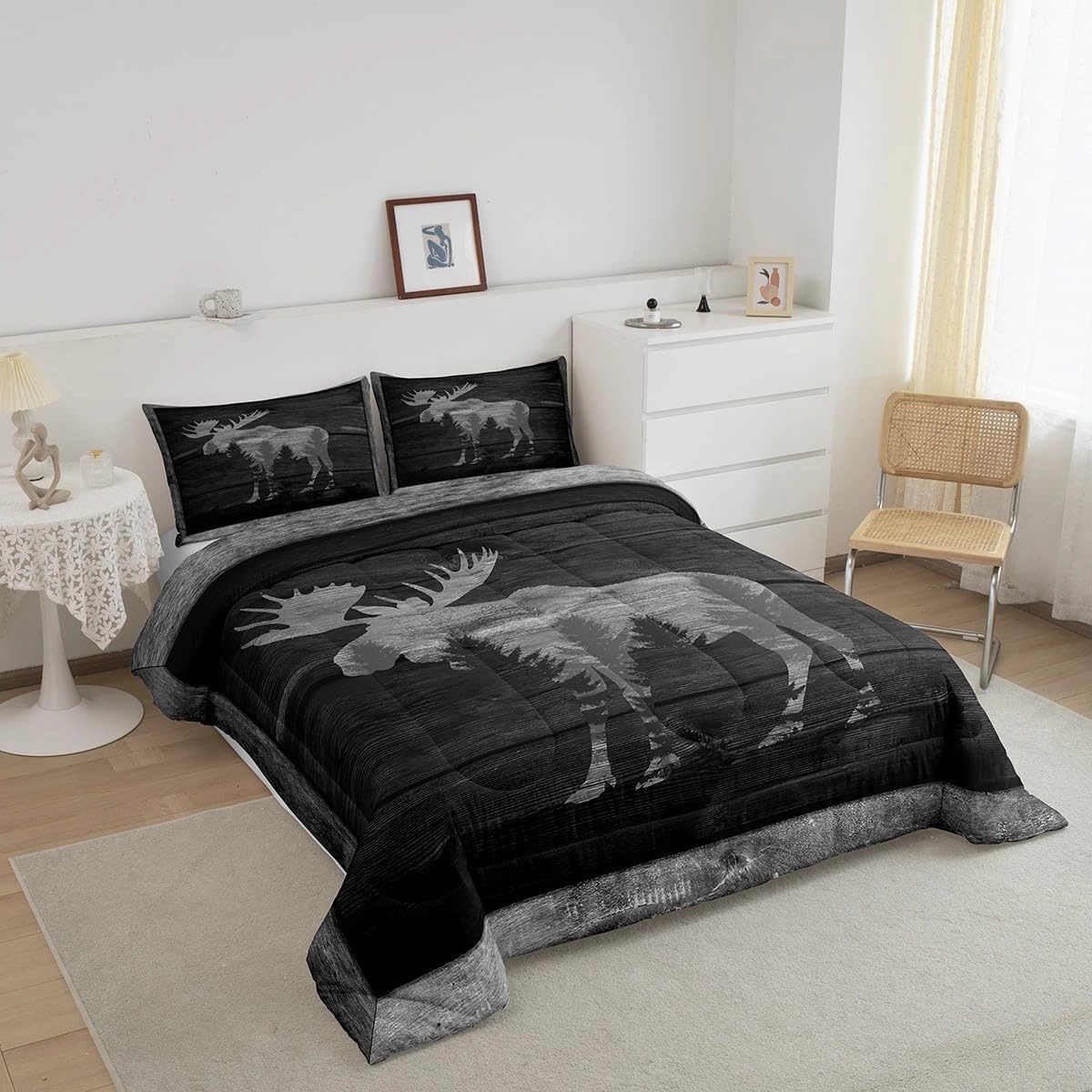 Castle Fairy Moose Cabin Comforter Set Wild Animal Jungle Pine Trees Silhouette Bedding Set for Kids Teens Adults Gray Wooden Stripes Grid Rustic Quilted Comforter with 2 Pillowcases Queen Size 3 Pcs