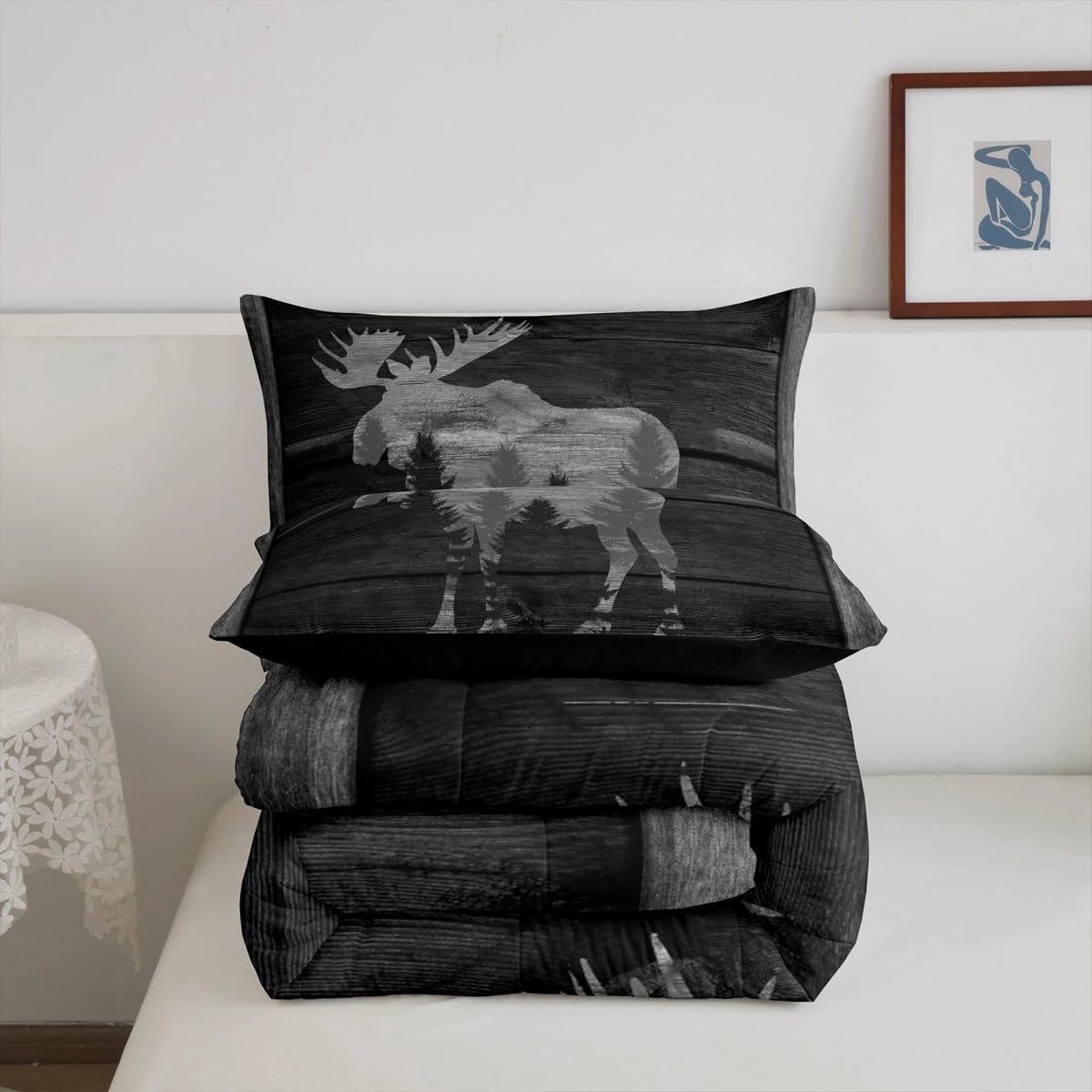 Castle Fairy Moose Cabin Comforter Set Wild Animal Jungle Pine Trees Silhouette Bedding Set for Kids Teens Adults Gray Wooden Stripes Grid Rustic Quilted Comforter with 2 Pillowcases Queen Size 3 Pcs
