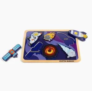 Celestial Buddies Journey into Space – Chunky Wooden Toddler Puzzle, 12x8 Inch – Educational Space Puzzle for Early Science & Astronomy Exploration - STEM Learning